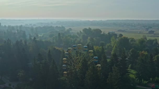 Ferris Wheel Lutsk Park Drone View Foggy Morning Park City — Stock Video