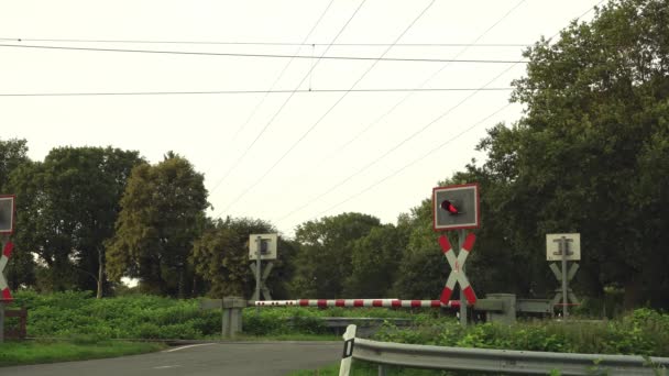 Railway Crossing Approaching Train Sound Lowering Raising Barrier Railroad Crossing — Stock Video
