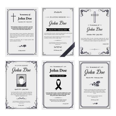 Condolence obituary card layout. In loving memory of, funerals invitation cover with black ribbon corner and grief sheet vector set of obituary layout, funeral template illustration clipart