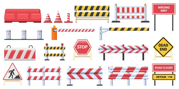 閉鎖された道路ブロック 赤の障害物 間違った方法を停止し 行き止まりの兆候を破った 道路工事障壁とバリア道路障害物の保護フェンスベクトルセット 交通建設図 — ストックベクタ
