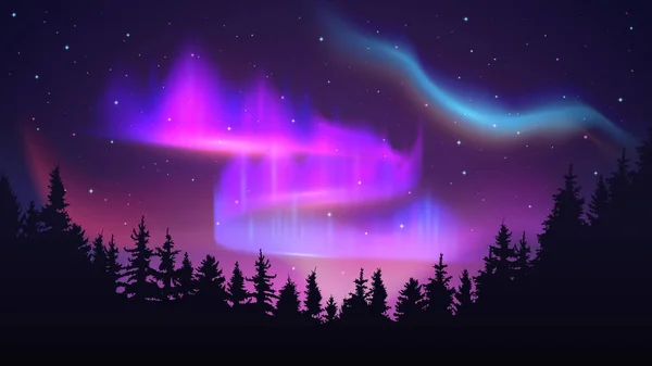 Nachthimmel Mit Polarlichtern Aurora Borealis Nördliche Fröhliche Tänzer Und Naturwald — Stockvektor