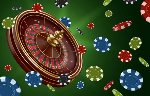 stock vector Roulette wheel banner. Gambling game with spin wheel and flying casino chips. Lucky chance game 3D vector Illustration of casino roulette game, gambling fortune