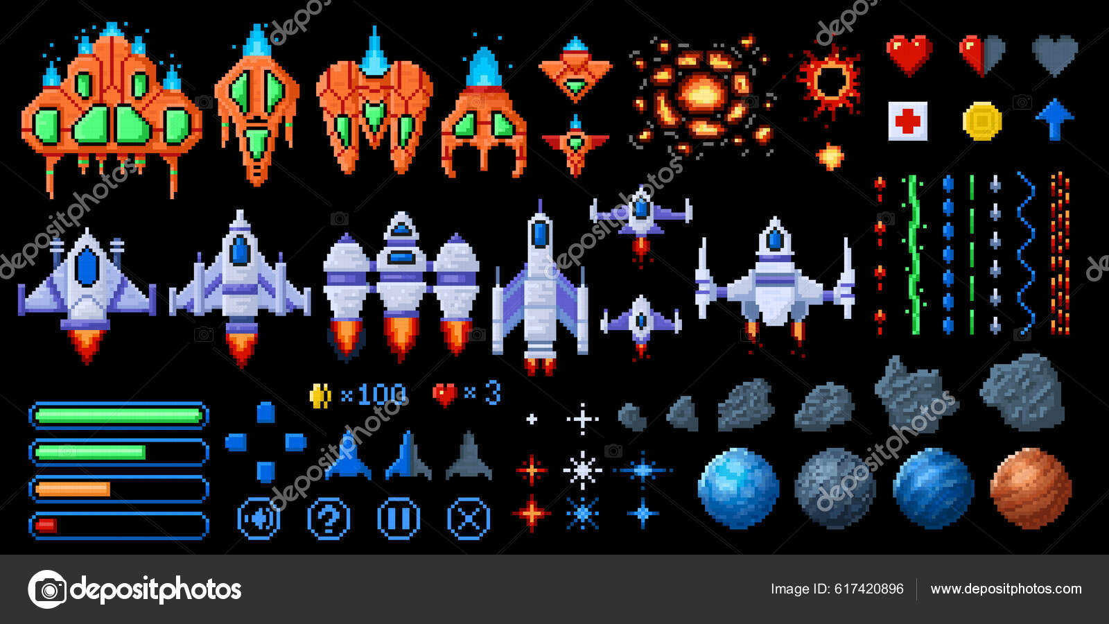 Conjunto De Elementos De Pixel Art Para O Jogo De Guerra Espacial