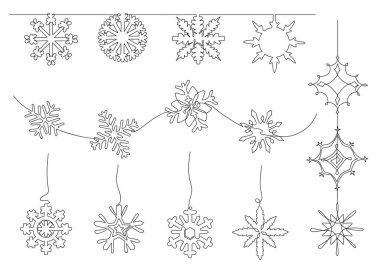 One line snowflake decoration. Snow divider, hanging flakes decorations and snowflakes on wave continuous line art vector set of continuous snowflake illustration clipart