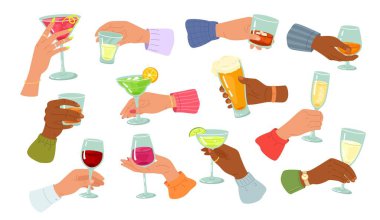 Alkol ellerde. Elinde bir bardak şarap, köpüklü şampanya, yarım litre bira ve bar kokteyli ya da parti için alkollü bardaklardan oluşan güçlü bir illüstrasyon seti tutan insanlar.