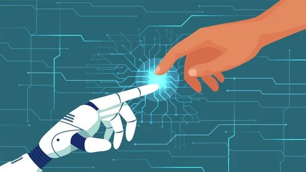 Skapande Artificiell Intelligens Människor Och Robotar Samarbete Hand Bionic Arm — Stock vektor