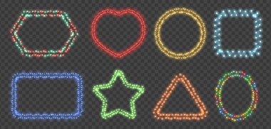 Renkli çelenk ışıkları çerçeveleri. Noel tatili ışıkları sınırı, ışıldayan lambalarla dekoratif çerçeve vektör arka plan set çelenk aydınlatılmış illüstrasyon