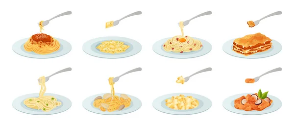 Platos Pasta Dibujos Animados Carbonara Con Huevo Boloñesa Lasaña Tenedor — Vector de stock
