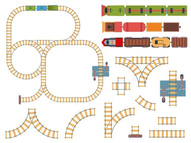 Üst düzey demiryolları. Üzerinde oyuncak trenler olan raylar. Yukarısında trenler olan daire ve hat rayları, demiryolu bariyerlerinin hava görüşü vektör kümesi, oyuncak demiryolu illüstrasyonu