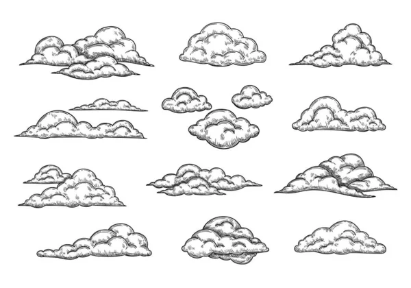 Szkice Chmur Ręcznie Rysowany Ołówek Zachmurzone Niebo Retro Chmura Kształt — Wektor stockowy