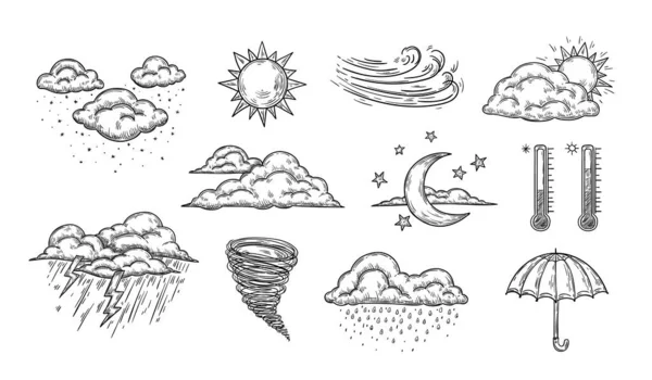 Desenhe Ícones Meteorológicos Chuva Desenhada Mão Tempestade Neve Sol Claro — Vetor de Stock