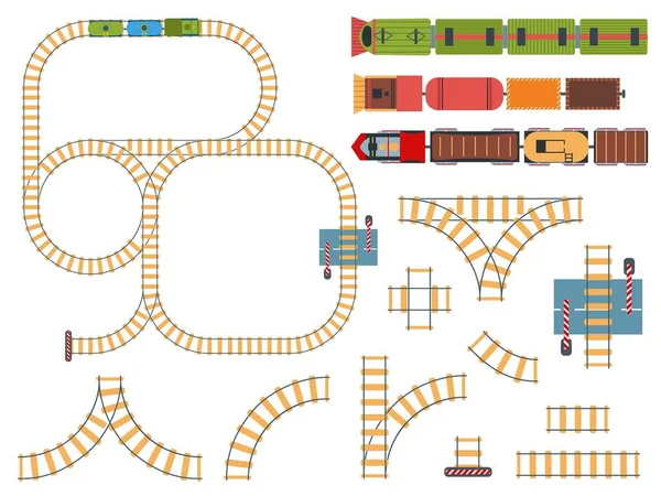 Bovenaanzicht Spoorwegen Traceert Bouw Met Speelgoed Treinen Boven Cirkel Lijnrails — Stockvector