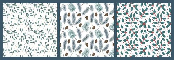 stock vector Christmas branches pattern. Holly and mistletoe branches with berries, pine with cones seamless vector backgrounds set of pattern holiday decoration christmas illustration