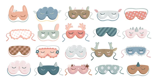 可爱的睡眠面具 美容眼罩配饰动物脸和休息闭上的眼睛 放松面具和眼罩睡觉卡通病媒套可爱的睡眠面具配饰插图 — 图库矢量图片