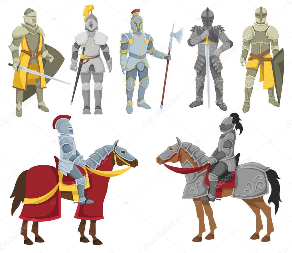 Cartoon knights. Cavalry knight in battle armor, medieval warriors holding sword, shield and halberd. Royal soldier vector illustration set of armor warrior isolated, knight of illustration