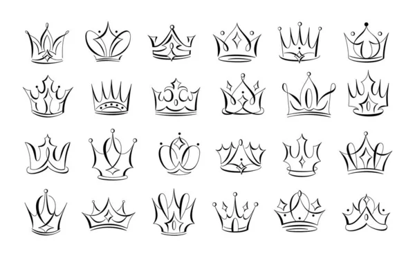 Coroas Caligráficas Tiara Rainha Real Desenhada Mão Majestosa Coroa Rei — Vetor de Stock