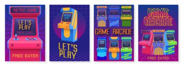 Retro oyun posterleri. Arcade oyun davet broşürü, eski oyun makineleri vektör seti ile poster oynayalım. Eğlence için elektronik ekipman, düğmeli elektronik ekran ve joystick