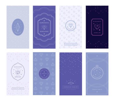 Mücevher ambalajı. Parlak elmas deseni, mücevher etiketi çerçevesi ve zarif kutu tasarımı şablon seti. Lüks aksesuar işi, pahalı mağaza paketi tasarım koleksiyonu