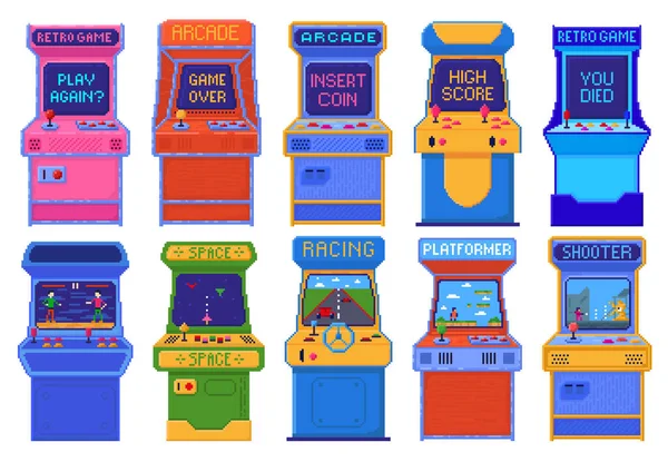 Pikselli Oyun Makineleri Eski Bit Oyun Konsolu Farklı Oyunlar Tekrar — Stok Vektör