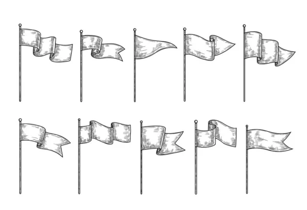 手描きの旗 ポールに布を振ってスケッチ 波と異なるフラグの彫刻図形 空の絶縁ベクトルセット 様々なペナント 地図や目的地ポインタのためのピンを持つ旗竿 — ストックベクタ