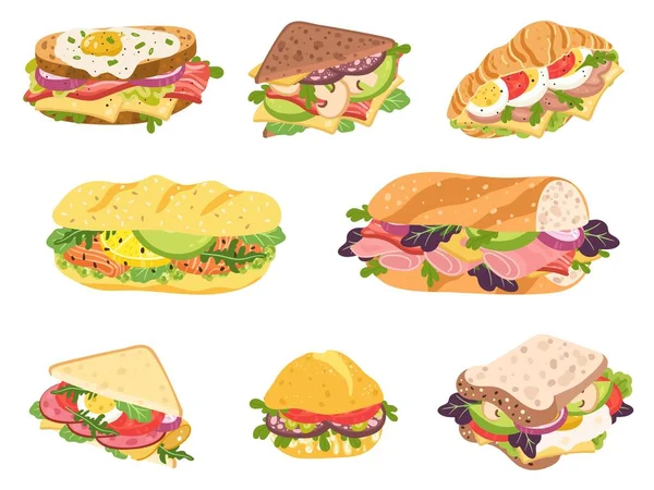 Cartoon Sandwich Köstliche Panini Mit Gemüse Lachs Und Fleisch Knuspriger — Stockvektor