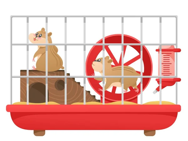 Cartoon Hamsterkäfig Niedliche Haustier Läuft Rad Paar Kleine Glückliche Hamster — Stockvektor