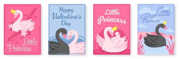 天鹅的海报 优雅的小公主和王子天鹅 情人节卡片和美丽的小鸟与皇冠向量集 带浪漫动物夫妇 母亲和孩子的蓝色和粉色贺卡 — 图库矢量图片
