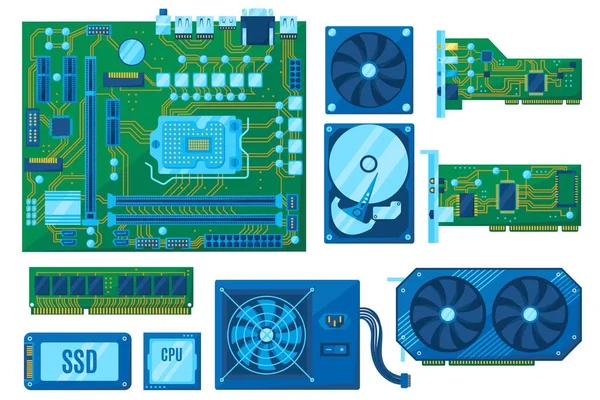 Komponenten Für Den Computerbau Motherboard Festplatte Und Ssd Ram Bar — Stockvektor