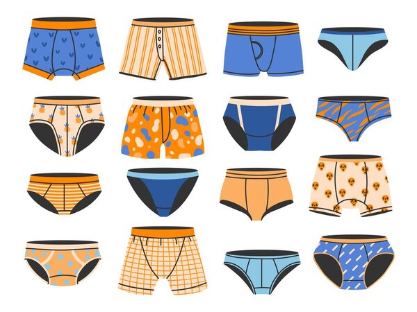 Casual man panties. Boy swimwear trunks, mens underwear and male everyday boxers. Briefs types vector set. Comfortable underclothes collection with different design as pineapple and skull