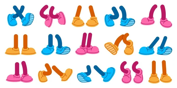 卡通腿 站立和行走的脚 漫画腿对鞋吉祥物的角色设计矢量集 多彩的靴子在不同的位置 做着脚步和跳跃 做着动作 — 图库矢量图片