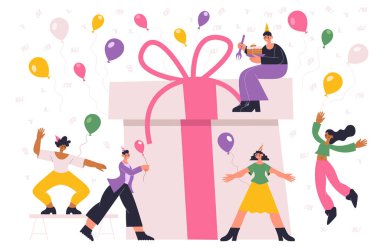 Doğum günü partisi insanları kutluyor. Neşeli şapkalı, renkli balonlu ve kocaman hediye kutulu mutlu oğlanlar ve kızlar. Kutlama ve eğlence vektörü olan kadın ve erkek karakterler