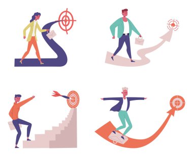 İş hedefleri. Kadın ve erkek ofis çalışanları nişan alacak, çalışanlar iş başında başarılı olacak. Çantası olan motive adam ve kadın kariyer merdiveni vektörü seti