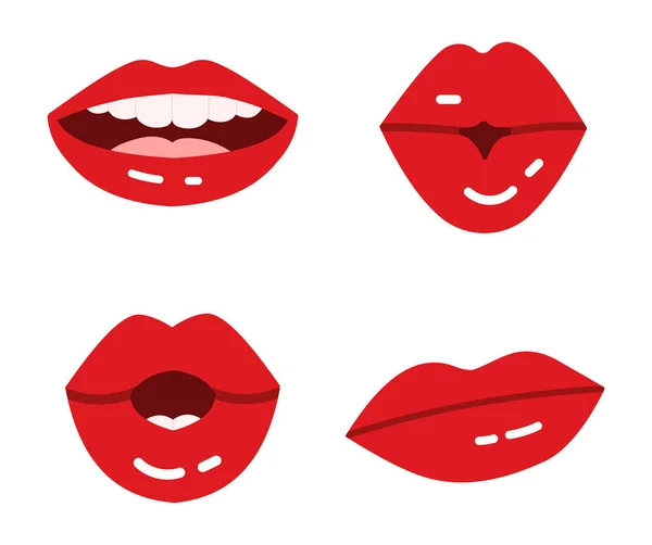 Cartoon Lips Glossy Red Seductive Lipstick Ladies Kissing Smiling Teeth — Stock Vector