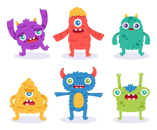 Personaje Desene Animate Monstru Creaturi Amuzante Colorate Diferite Poziții Animale — Vector de stoc