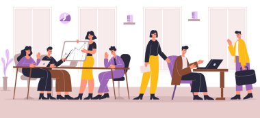 Profesyonel takım çalışması. Ofiste çalışan meşgul çalışanlar. Meslektaşım masada oturuyor ve beyin fırtınası veya tartışma yapıyor. Kadın sunum yapıyor, erkek dizüstü bilgisayarda çalışıyor.