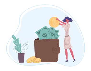 Para biriktirme finansal konsepti. Kadın işçi, para dolu cüzdanına altın para koyuyor. Kadın karakter gelir veya gelir tasarrufu yapıyor. Nakit vektör illüstrasyonlu çanta