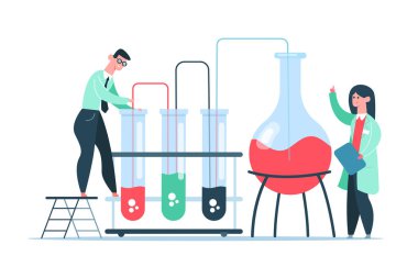 Bilim laboratuarı araştırması. Bilim adamları laboratuvar ekipmanlarıyla deney yapıyorlar. Test tüpleri ve mataralarda sıvılarla çalışan insanlar. Üniformalı çizgi film işçileri kimyasal analiz vektörü.