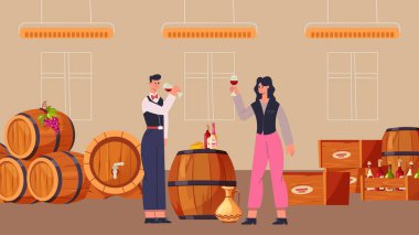Şarap deposu. Sommelier evli şarap içiyor, insanlar bodrumda alkollü içki tadıyor ahşap fıçıların arasında. Şarap kadehlerini içecek ve derecelendirme vektörü ile tutan uzmanlar