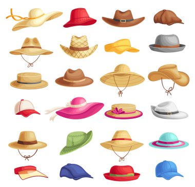Güneşli hava için parlak renkli başlık. Tatil için kadın ve erkek şapkaları. Yaz dönemi için farklı aksesuarlar. Spor, gündelik ve zarif başlık izole edilmiş vektör seti