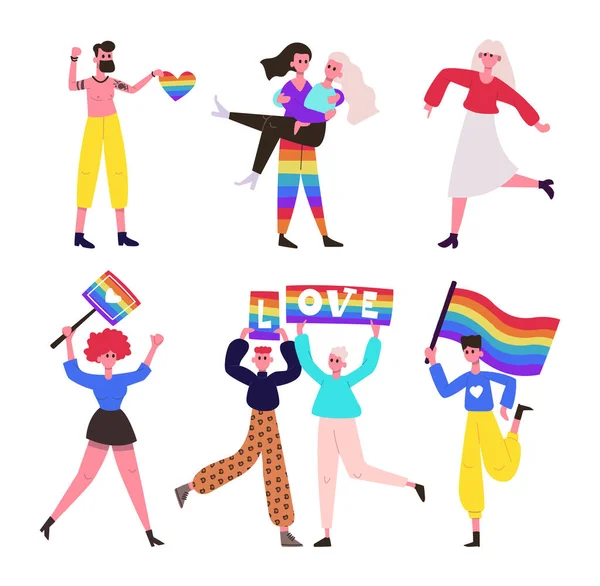 誇り高きパレードだ 虹の旗とポスターを持つ女性と男性のキャラクター プライド月孤立ベクトルセット中に再び差別を実証上のゲイとレズビアンのコミュニティ活動家 — ストックベクタ