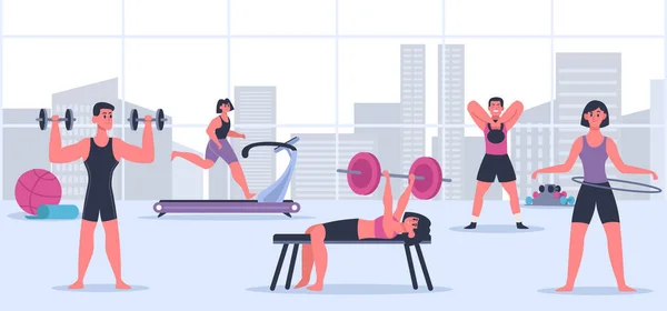 健身房的人男人和女人用不同的装备进行体育训练 室内健身锻炼的男女角色 领导积极健康的生活方式的运动员 — 图库矢量图片