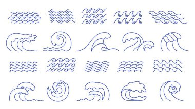 Hat dalgaları. Okyanus sörfü kıvrımı, deniz dalgası tepesi ve su yüzeyi salınımı. Çizgi sanat gölü, karalama aqua ve nehir vektör simgeleri. Okyanus dalgası çizimleri.