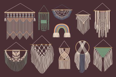 Bohemian wall hangings. Handcrafted macrame cozy home decor, knitted cotton yarn braid cord and ornamental hygge accessories hand vector set of bohemian macrame, boho handcraft decoration illustration clipart