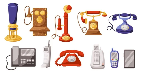 Evolução Telefone Histórico Telefônico Invenção Moderno Telefone Antigo Vintage Smartphone — Vetor de Stock