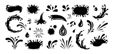 Splash silhouette with droplets. Water drops shapes, liquid burst splashes and ink blot hand drawn vector set of silhouette droplet, drop liquid illustration clipart