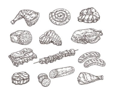 Et yemeği taslağı. Izgara biftek, sosis ve kebap. Biftek barbeküsü, domuz pirzolası ve ızgara tavuk eli çizilmiş biftek eti seti, barbekü yemek illüstrasyonu