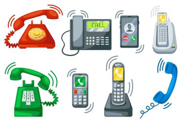 Ringing telephone. Old telephone ring with handset, incoming call on smartphone and office phone cartoon vector set of old telephone and phone illustration clipart