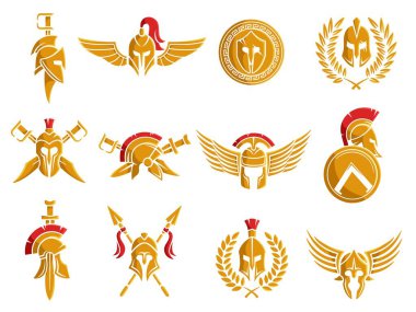 Spartan helmet emblem. Warrior armor with wings and weapon, gladiator tattoo and round shield vector Illustration set of spartan warrior armor emblem clipart