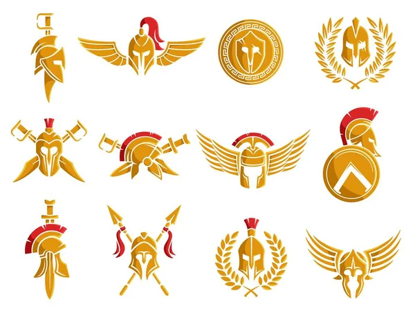Emblema Capacete Espartano Armadura Guerreiro Com Asas Arma Tatuagem Gladiador — Vetor de Stock