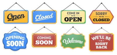 Store door sign. Come in were open and closed signboard note, opening and coming soon, welcome and will be right back vector set. Hanging board with text message for business retailing clipart